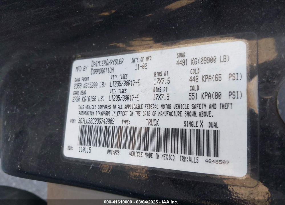 2003 DODGE RAM 3500 SLT/LARAMIE/ST VIN: 3D7LU38C23G749809