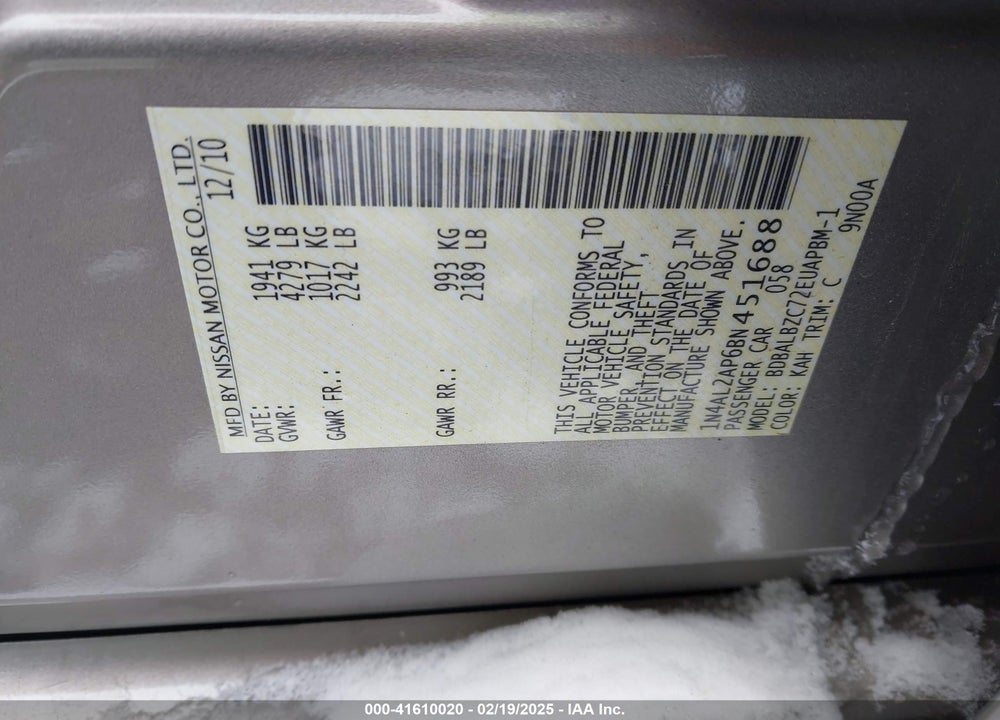 2011 NISSAN ALTIMA VIN: 1N4AL2AP6BN451688