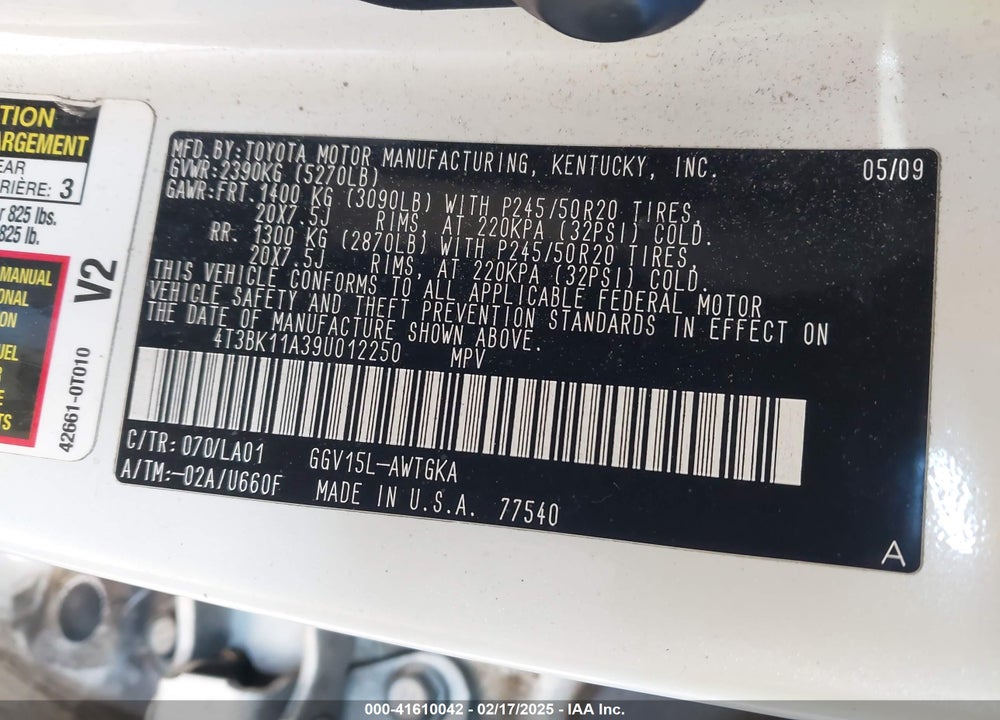 2009 TOYOTA VENZA BASE V6 VIN: 4T3BK11A39U012250