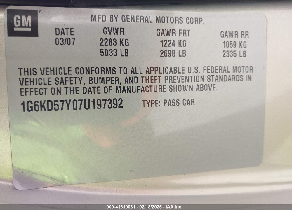 2007 CADILLAC DTS LUXURY I VIN: 1G6KD57Y07U197392
