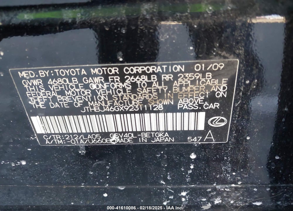 2009 LEXUS ES 350 VIN: JTHBJ46GX92311128