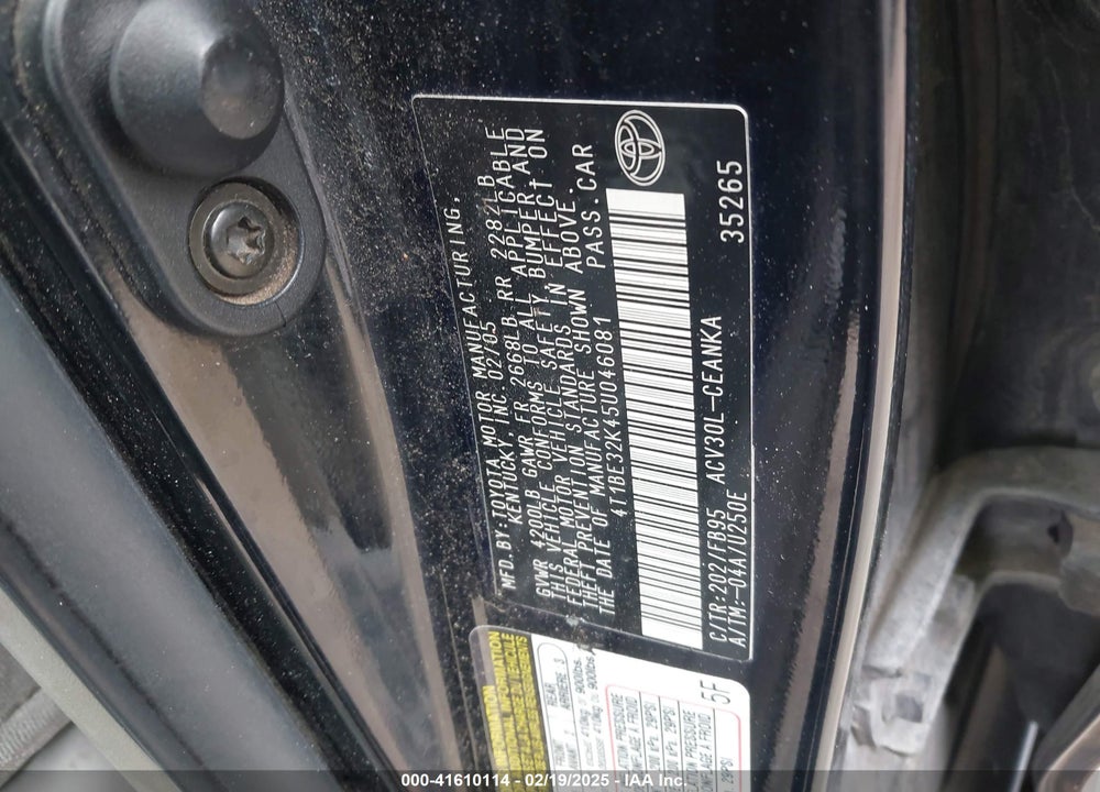 2005 TOYOTA CAMRY LE VIN: 4T1BE32K45U046081