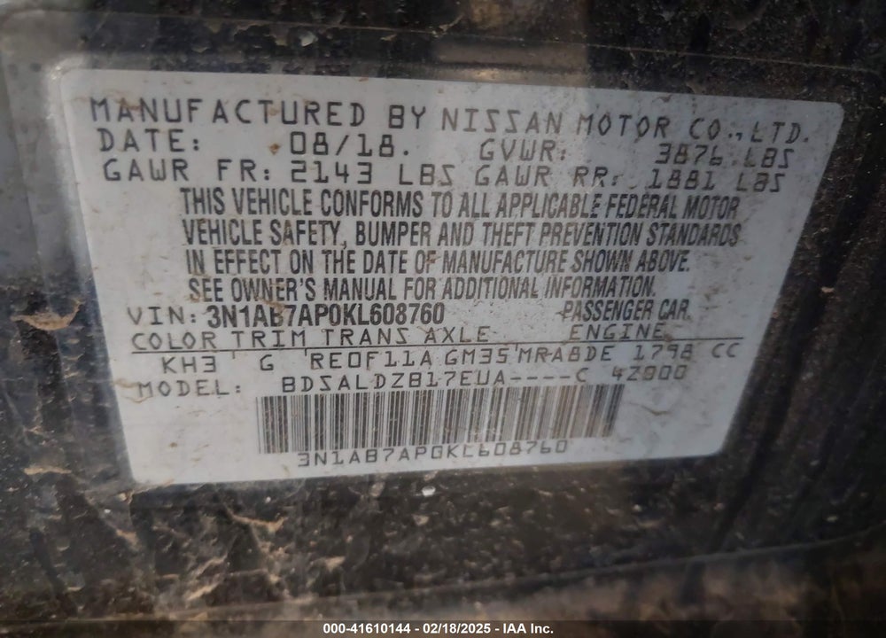 2019 NISSAN SENTRA VIN: 3N1AB7AP0KL608760