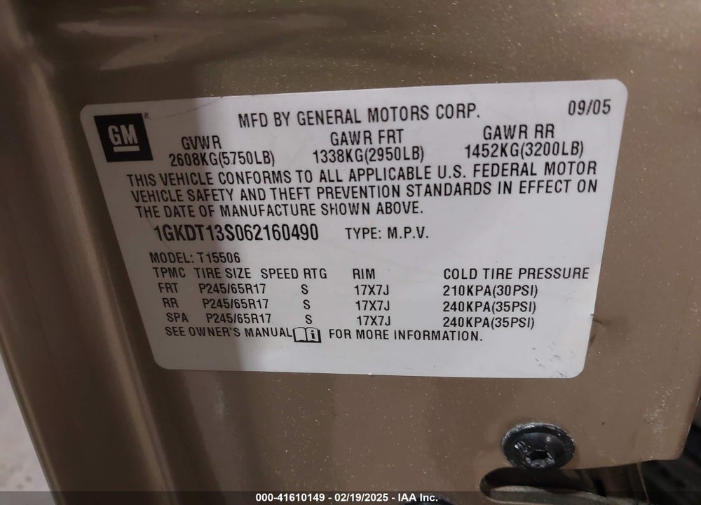 2006 GMC ENVOY VIN: 1GKDT13S062160490