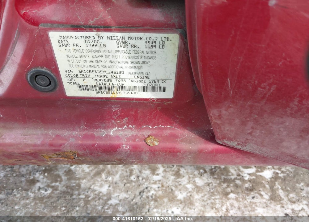 2000 NISSAN SENTRA GXE/XE VIN: 3N1CB51D5YL345130