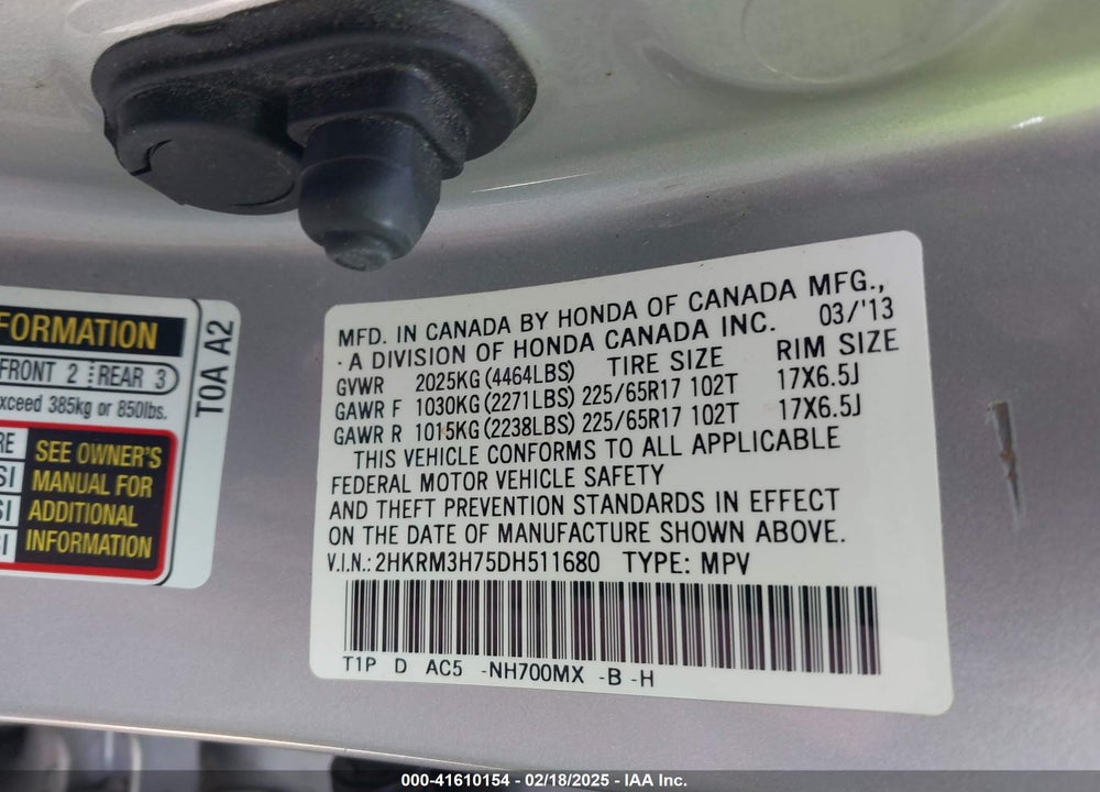 2013 HONDA CR-V EX-L VIN: 2HKRM3H75DH511680