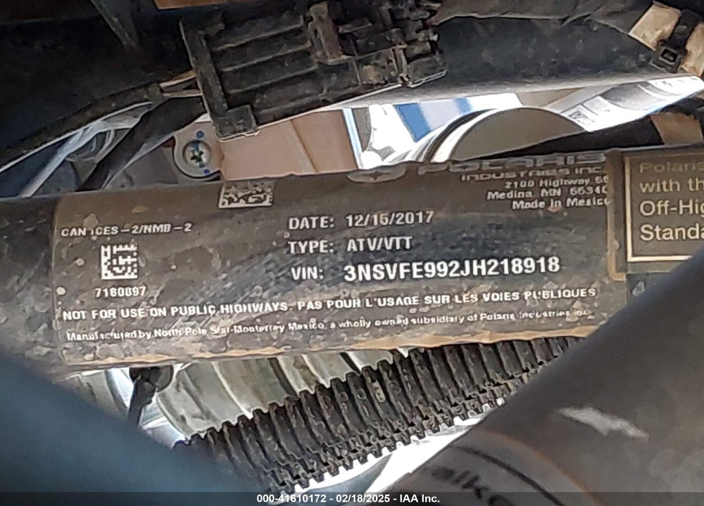 2018 POLARIS RZR VIN: 3NSVFE992JH218918