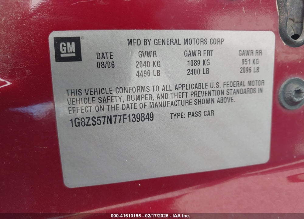 2007 SATURN AURA XE VIN: 1G8ZS57N77F139849