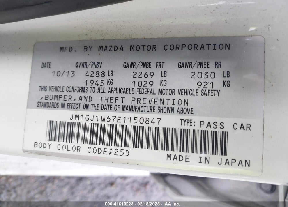 2014 MAZDA MAZDA6 VIN: JM1GJ1W67E1150847