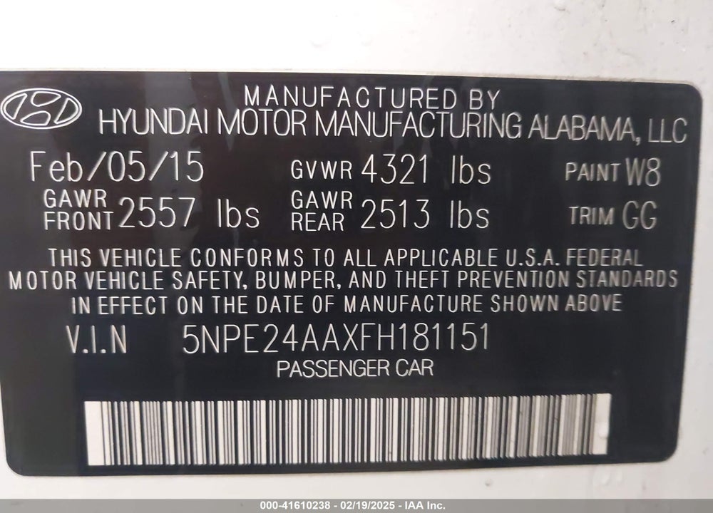 2015 HYUNDAI SONATA VIN: 5NPE24AAXFH181151