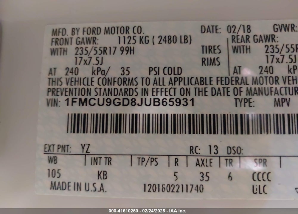 2018 FORD ESCAPE SE VIN: 1FMCU9GD8JUB65931