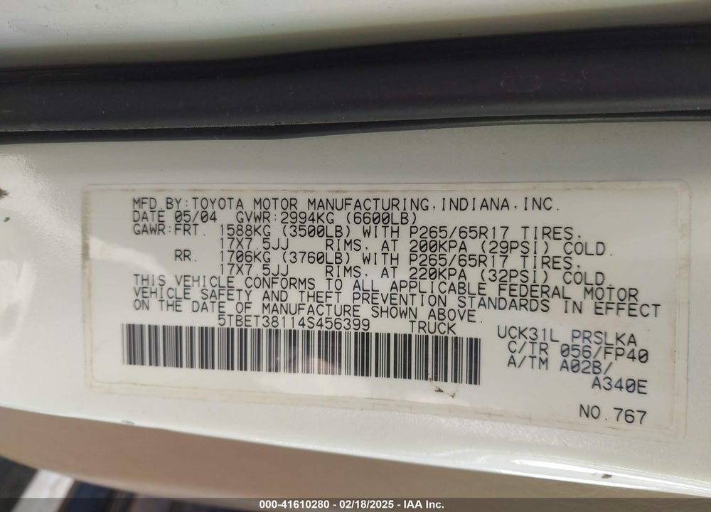 2004 TOYOTA TUNDRA LIMITED V8 VIN: 5TBET38114S456399