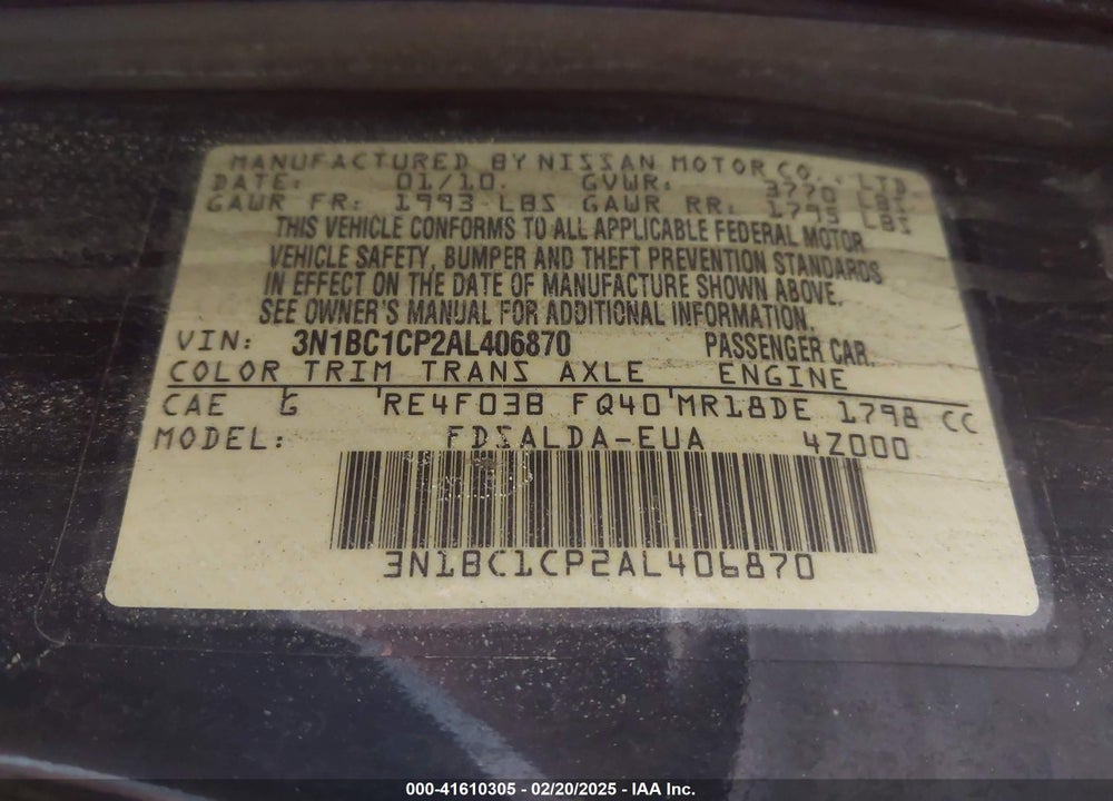 2010 NISSAN VERSA 1.8S VIN: 3N1BC1CP2AL406870