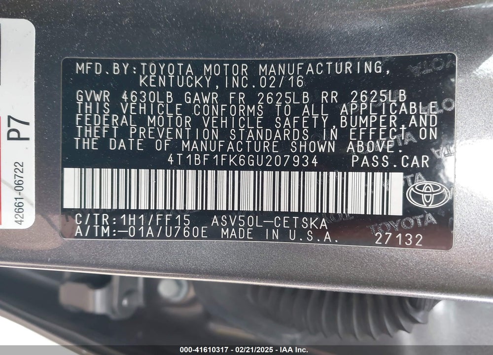 2016 TOYOTA CAMRY VIN: 4T1BF1FK6GU207934