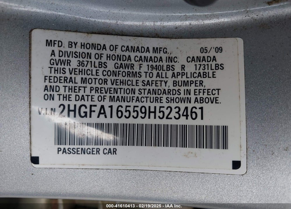 2009 HONDA CIVIC VIN: 2HGFA16559H523461