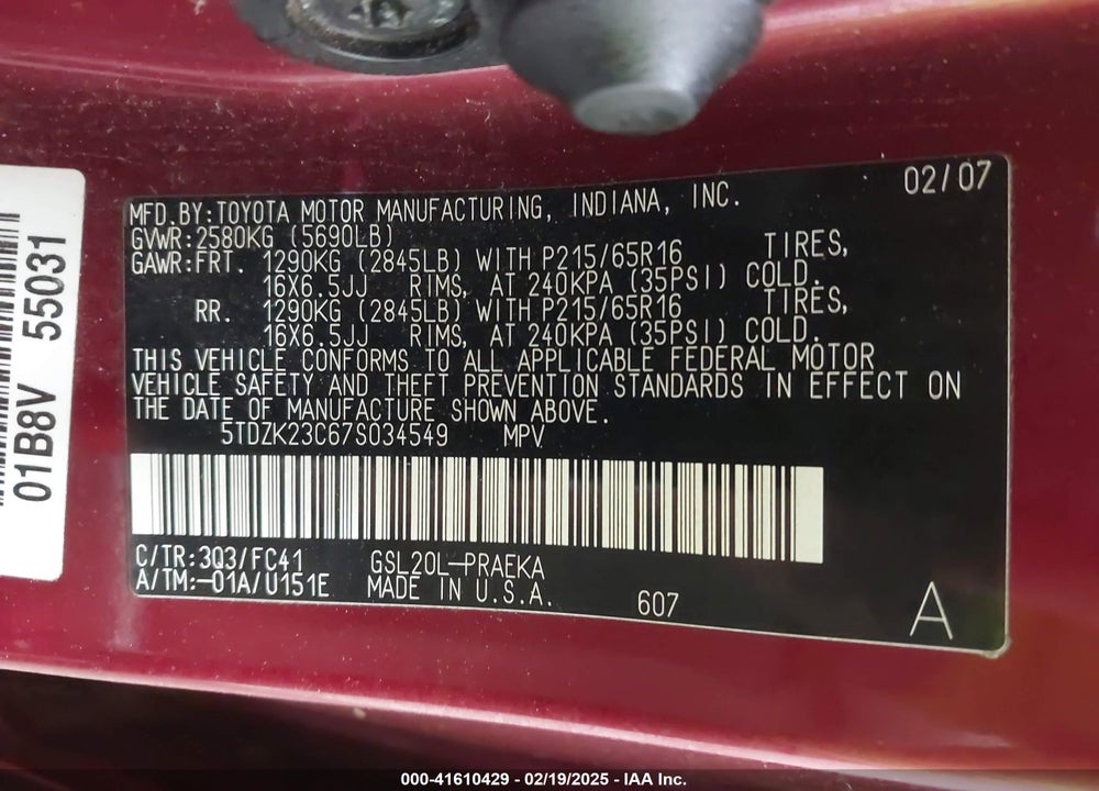 2007 TOYOTA SIENNA LE VIN: 5TDZK23C67S034549