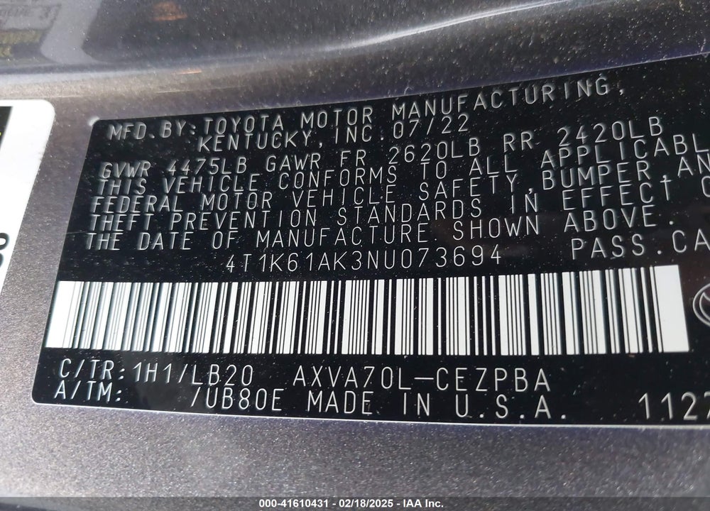 2022 TOYOTA CAMRY VIN: 4T1K61AK3NU073694