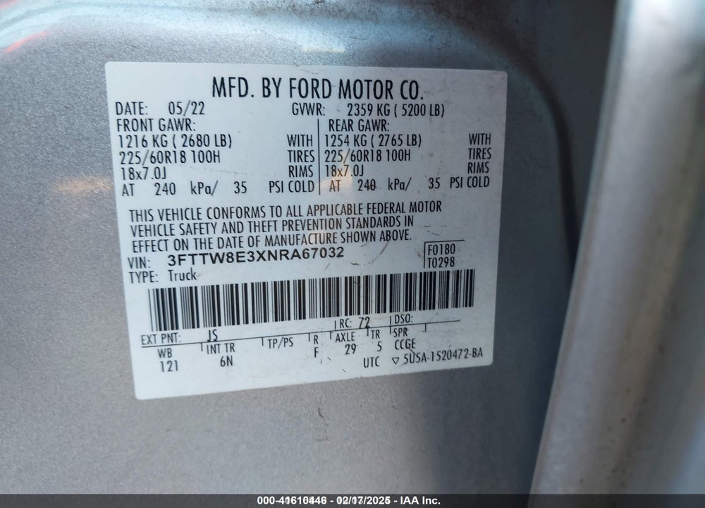 2022 FORD MAVERICK VIN: 3FTTW8E3XNRA67032