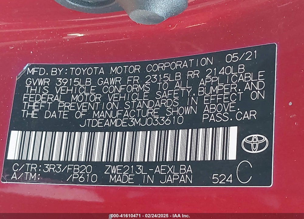 2021 TOYOTA COROLLA VIN: JTDEAMDE3MJ033610