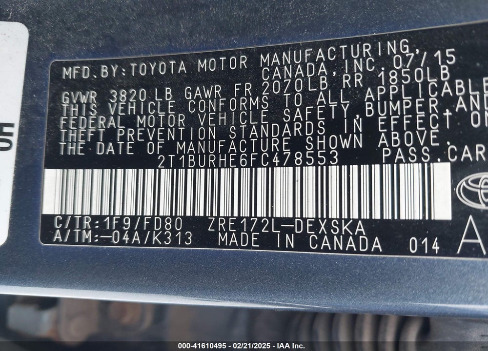 2015 TOYOTA COROLLA VIN: 2T1BURHE6FC478553
