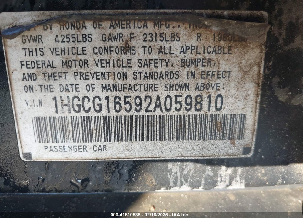 2002 HONDA ACCORD VIN: 1HGCG16592A059810
