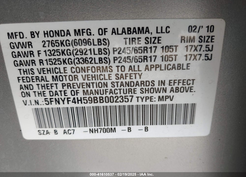 2011 HONDA PILOT EX-L VIN: 5FNYF4H59BB002357