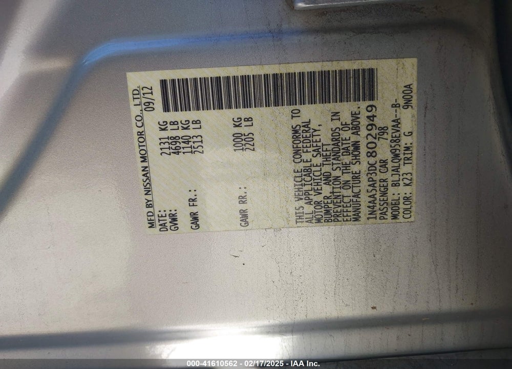 2013 NISSAN MAXIMA VIN: 1N4AA5AP3DC802949