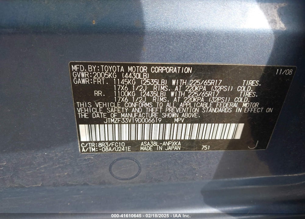 2009 TOYOTA RAV4 VIN: JTMZF33V19D006619