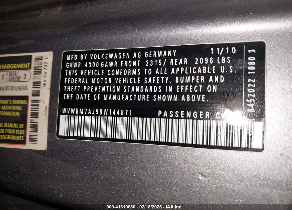 2011 VOLKSWAGEN GOLF VIN: WVWBM7AJ9BW144871