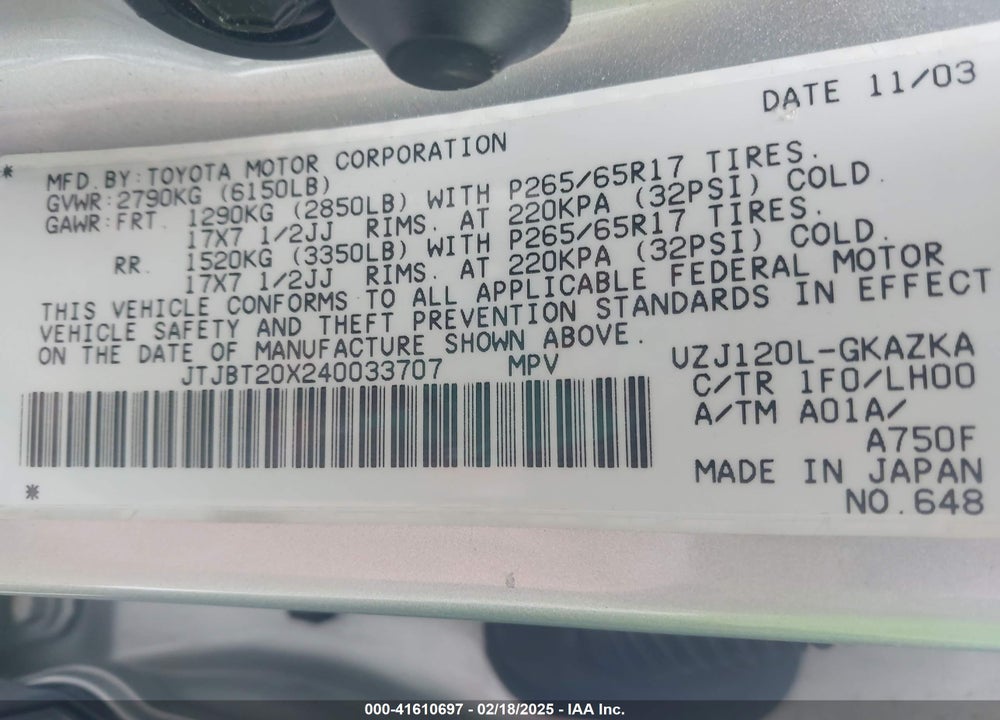 2004 LEXUS GX 470 VIN: JTJBT20X240033707