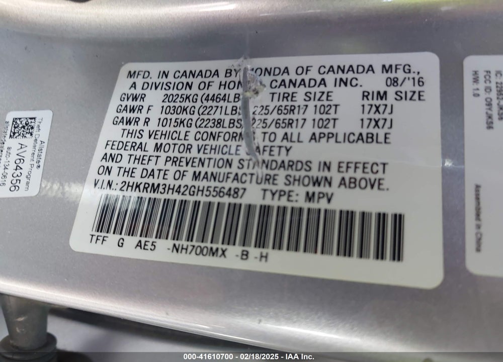 2016 HONDA CR-V VIN: 2HKRM3H42GH556487