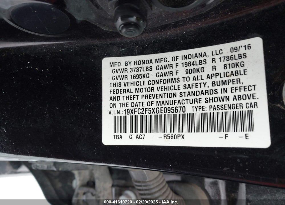 2016 HONDA CIVIC VIN: 19XFC2F5XGE095670