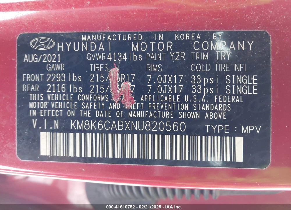 2022 HYUNDAI KONA VIN: KM8K6CABXNU820560