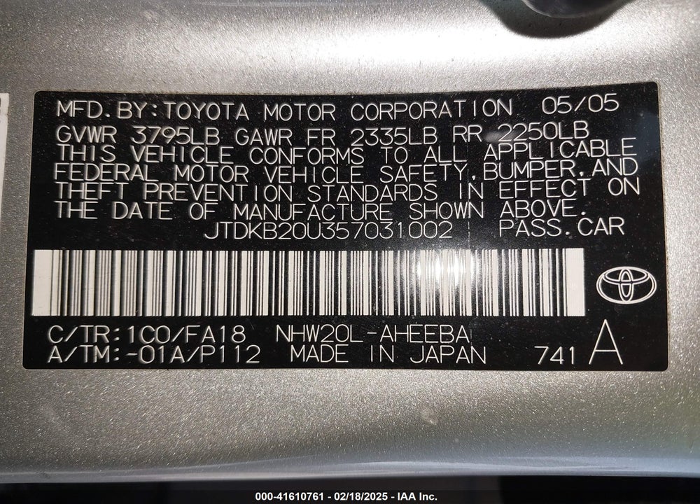 2005 TOYOTA PRIUS VIN: JTDKB20U357031002