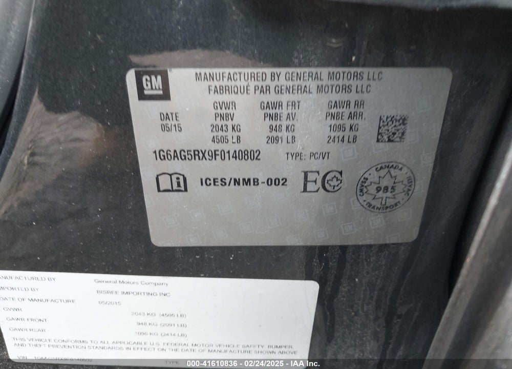 2015 CADILLAC ATS VIN: 1G6AG5RX9F0140802