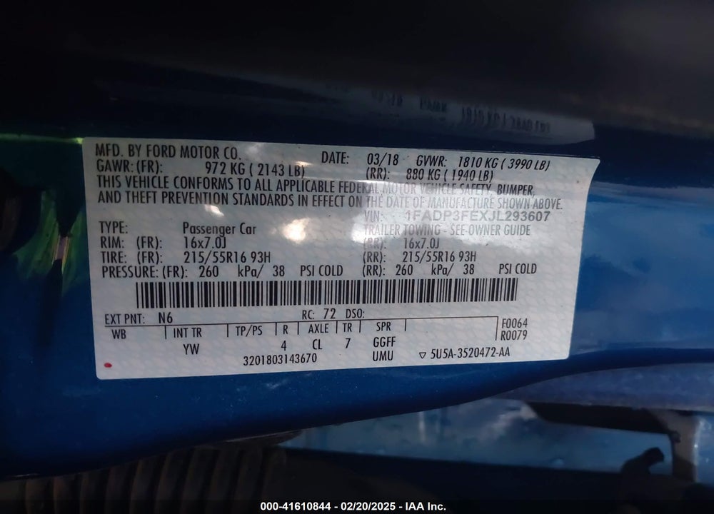 2018 FORD FOCUS VIN: 1FADP3FEXJL293607