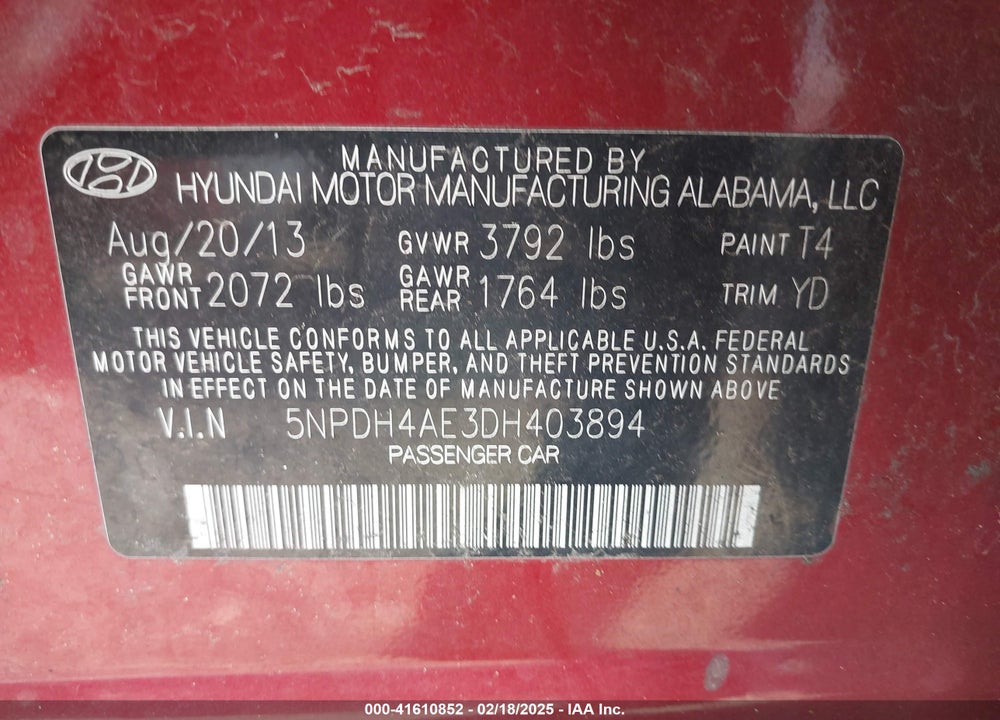 2013 HYUNDAI ELANTRA VIN: 5NPDH4AE3DH403894