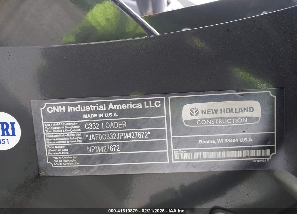 2021 NEW HOLLAND C332 SKID STEER VIN: JAF0C332JPM427672