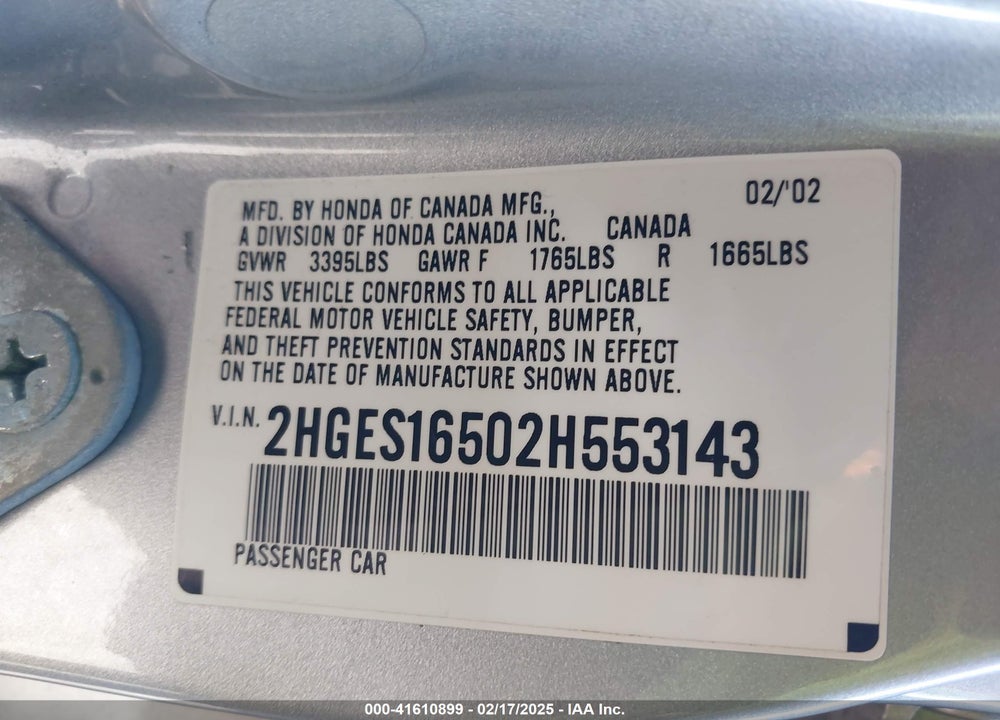 2002 HONDA CIVIC LX VIN: 2HGES16502H553143