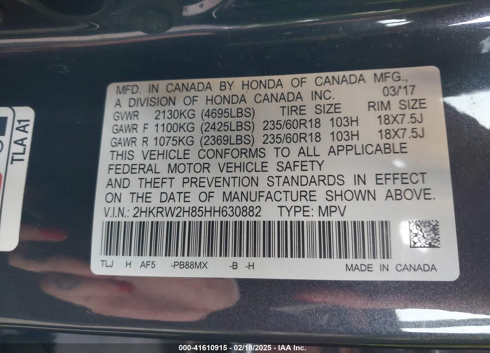 2017 HONDA CR-V EX-L/EX-L NAVI VIN: 2HKRW2H85HH630882