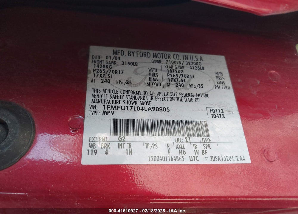 2004 FORD EXPEDITION EDDIE BAUER VIN: 1FMFU17L04LA90805