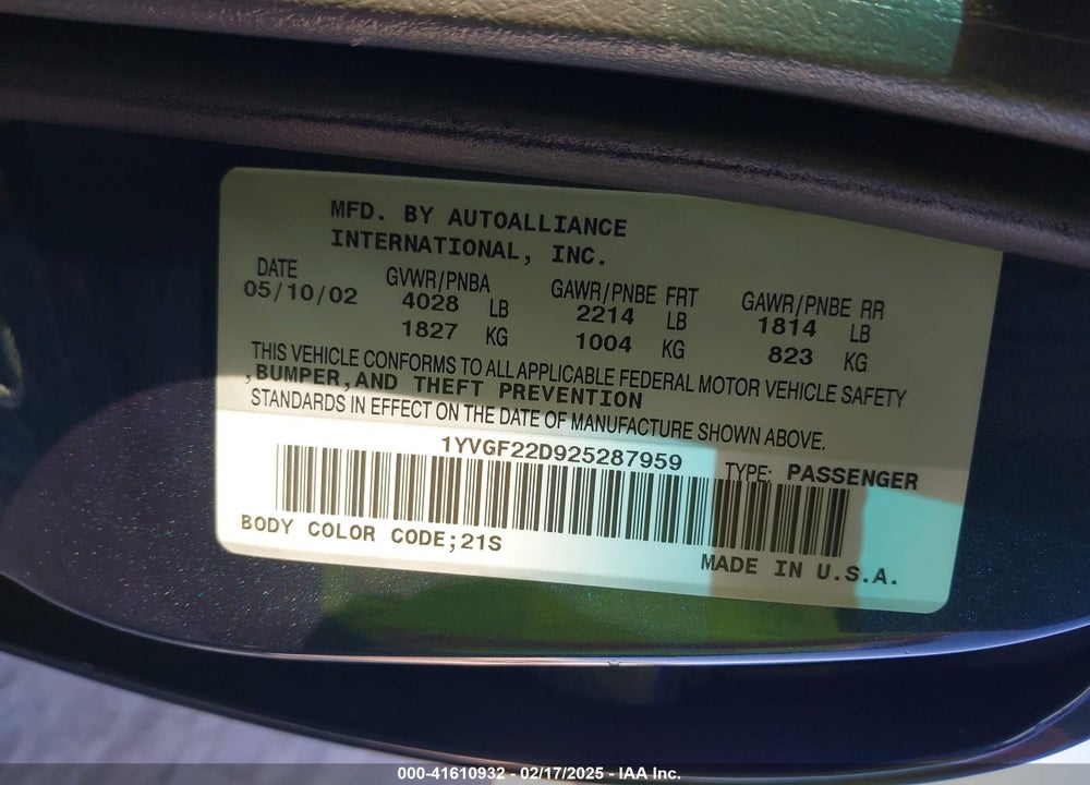 2002 MAZDA 626 ES V6/LX V6 VIN: 1YVGF22D925287959