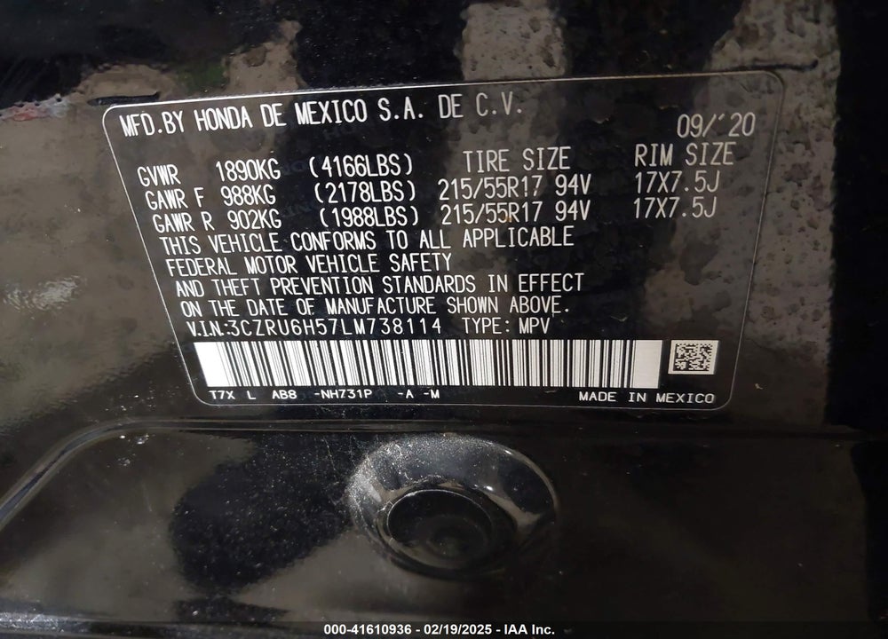 2020 HONDA HR-V VIN: 3CZRU6H57LM738114