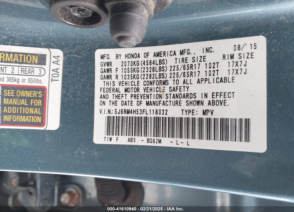 2015 HONDA CR-V VIN: 5J6RM4H53FL118032