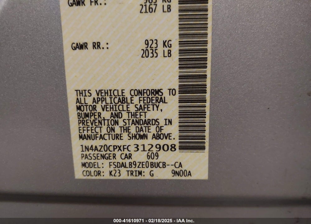 2015 NISSAN LEAF VIN: 1N4AZ0CPXFC312908