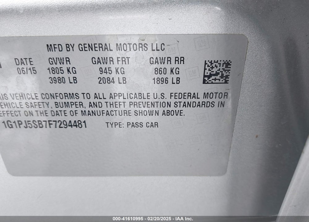 2015 CHEVROLET CRUZE VIN: 1G1PJ5SB7F7294481