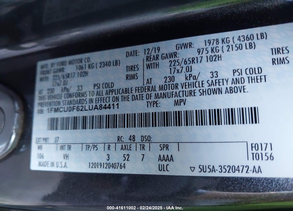 2020 FORD ESCAPE S VIN: 1FMCU0F62LUA84411