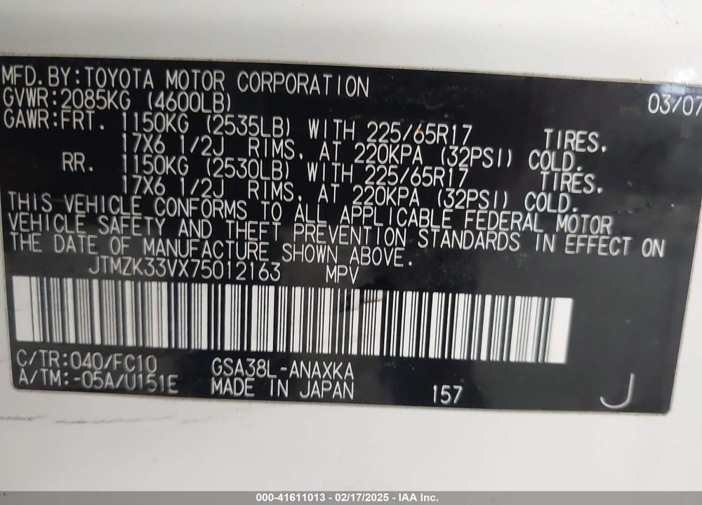 2007 TOYOTA RAV4 BASE V6 VIN: JTMZK33VX75012163