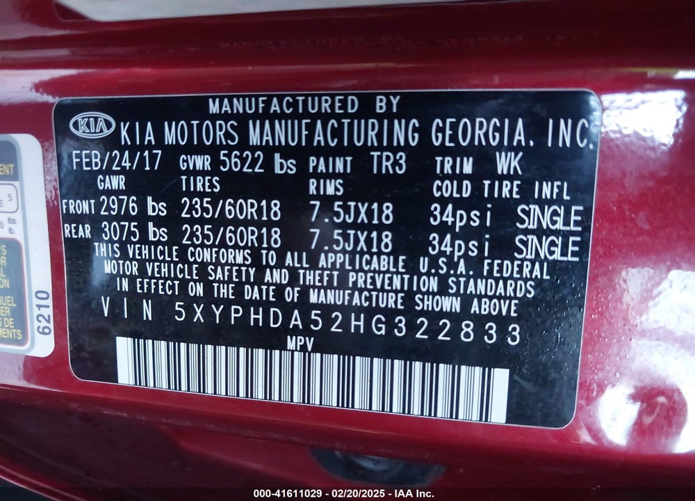 2017 KIA SORENTO VIN: 5XYPHDA52HG322833
