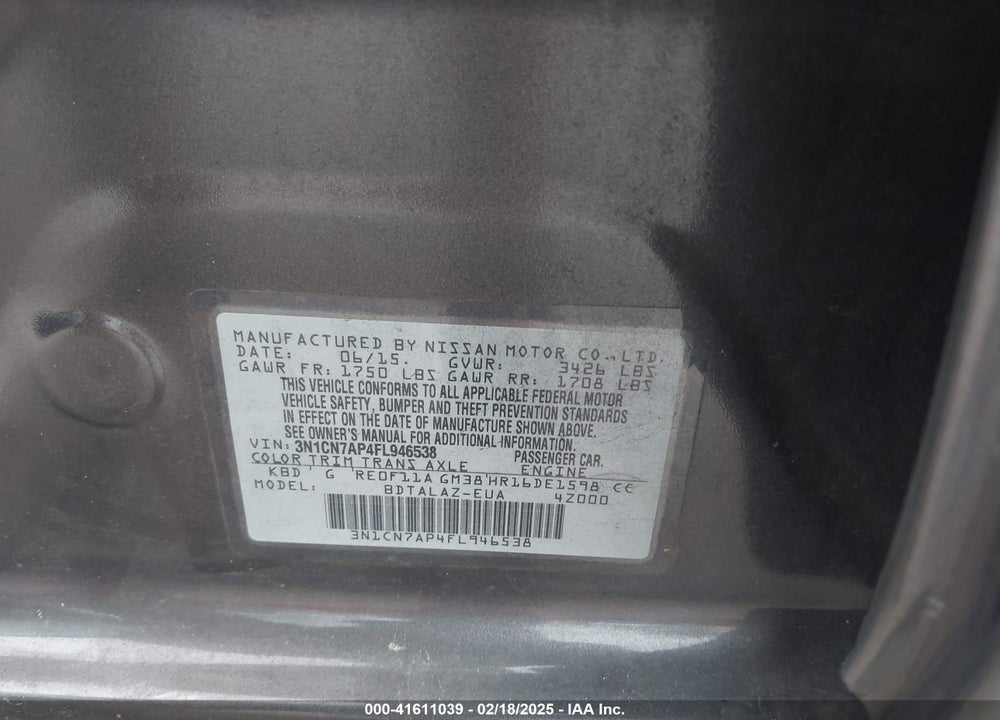 2015 NISSAN VERSA VIN: 3N1CN7AP4FL946538